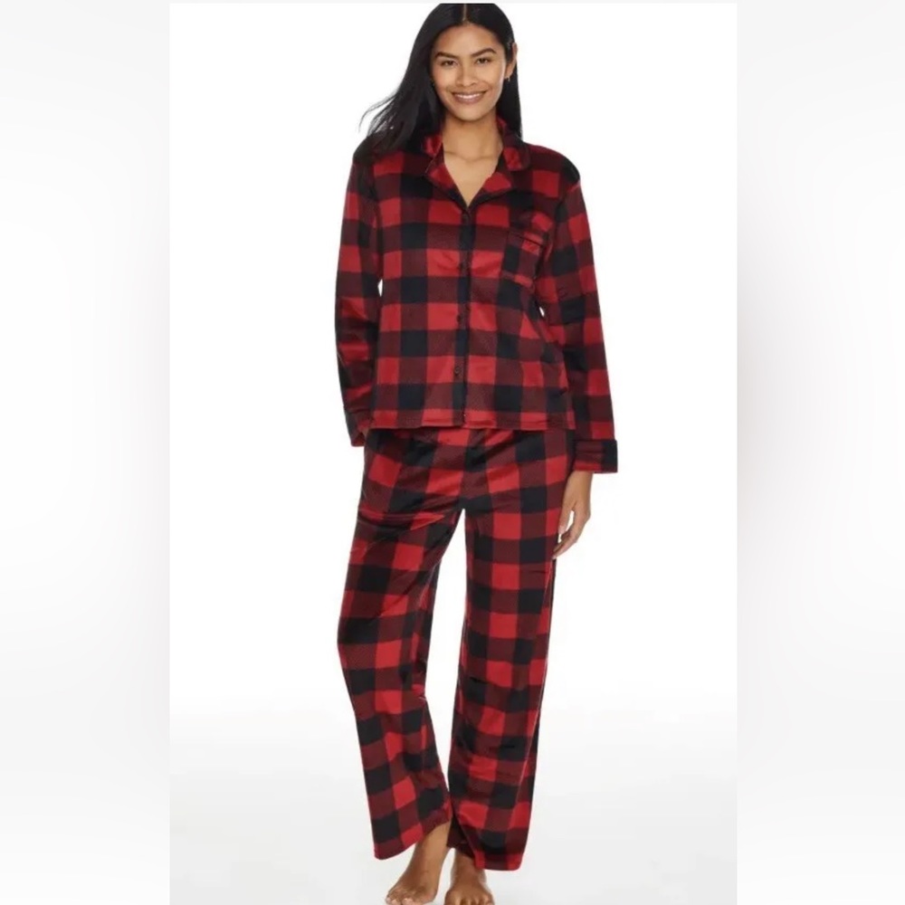 Donna Karan Cuddly Velour Fleece Pajamas Loungewear Après Ski M Plaid